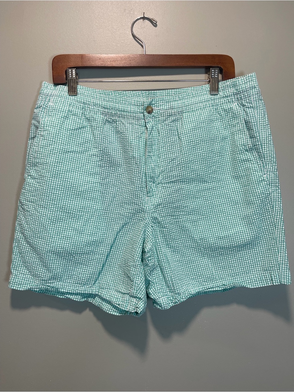 Ralph Lauren Men's Large Seersucker Shorts in Green and White Gingham